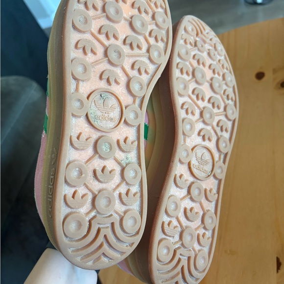 adidas Women's Pink Suede Sneakers with Green Stripes - Picture 7 of 8